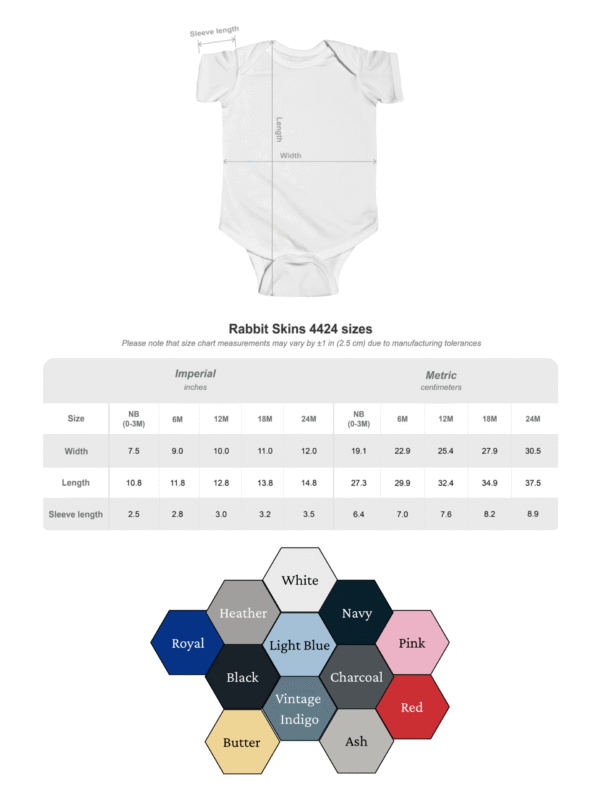 Onsie Size Chart and colors